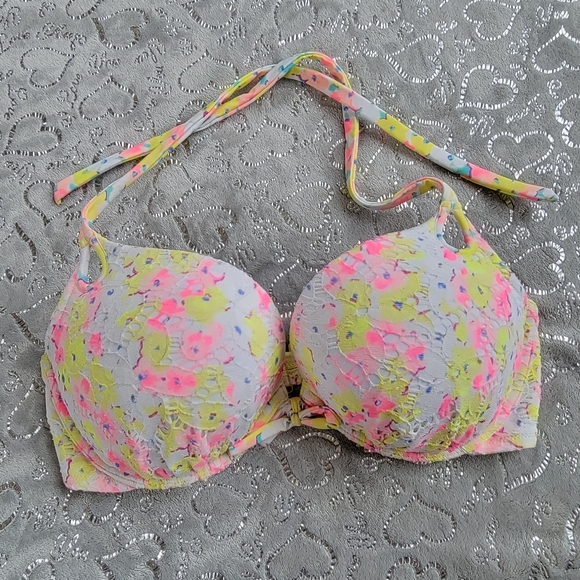 Victoria's Bombshell Add 2 Cups Bikini Top White Pink Yellow Eyelet Lace 36D - Picture 2 of 8